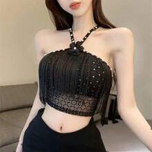 Top halter decorativo con copas acolchadas, borla larga, diamante brillante de perlas, estilo millenario retro, cabestro sexy - Negro - Ver 2