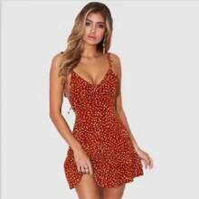 Camisola vestido sin mangas con cuello en V para mujer, minivestido Sexy con tirantes, ajustado, con cordones y lunares, informal, espalda descubierta - Rojo - Ver 5