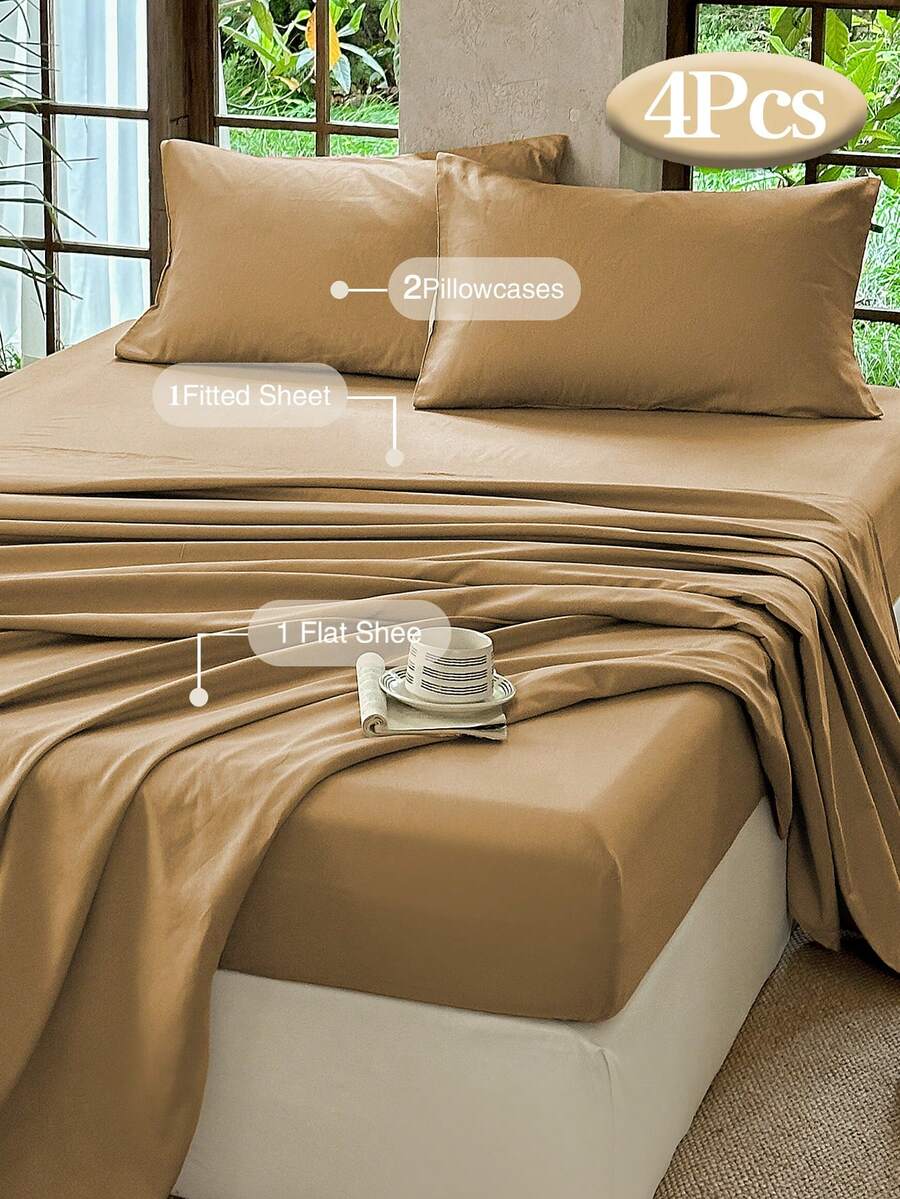 4pcs Bed Sheet Set, Super Soft Microfiber Home Bedding Set, Breathable Bedroom Sheet Set With Deep Pocket Up To 12 Inches, Minimalist Solid Color Comfortable Lightweight 4-Piece Set, Breathable And Snug Fit, Luxury Hotel Bedding - Camel - View 1