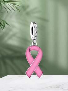 HuooNew 1pc 925 Sterling Silver Pink Ribbon Pendant With CZ Crystal, Breast Cancer Awareness Charm Suitable For Bracelet, Hypoallergenic Jewelry Pendant - Silver - View 4