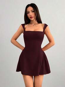 Vestido rojo sólido, mini, con cuello cuadrado sexy y elegante, cintura de gota para fiesta y citas - Rosa Roja - Ver 6