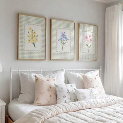 1/3pcs Set Framed/Unframed Botanical Floral Nursery Canvas Poster Green Gingham Flower Cottagecore Wall Art Print Minimalist Baby Girl Room Aesthetic Decor Painting For Playroom,Kids Room,Bedroom,Modern Home Decoration