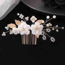 1pc Handmade Floral & Leaf Hairpin, Bridal Hair Comb Accessory For Wedding - Gold - View 8