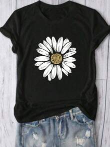 Plus Size Women Summer Casual Floral Print Short Sleeve T-Shirt woman Todo tipo de impresiones, chaqueta, camiseta de cuello redondo, casual, para oficina, para viajar, muy popular, viento deportivo, estampado/patrón, camiseta de algodón 100%, camiseta casual, cómoda, suave, transpirable The latest popular bestseller - Negro - Ver 7