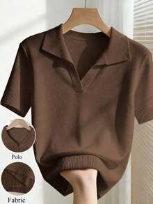 New 2026 Collection: Women's Solid Color Fitted Knit Blouse, Spring/Summer, White, Simple, Casual, With Roll Neck And Raglan Short Sleeves. Solid Color Blouses, Pink Blouses, Baby Pink Blouses. - 棕色 - 查看 1