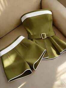 Conjunto de 2 piezas de top bandeau decorado y shorts de moda para mujer - Verde militar - Ver 1