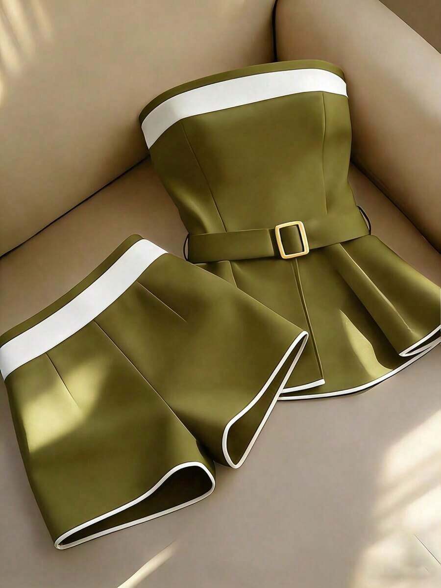Conjunto de 2 piezas de top bandeau decorado y shorts de moda para mujer - Verde militar - Ver 1