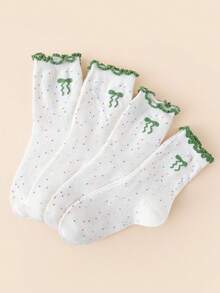 4 pares de calcetines de media caña, unisex, con adorno de lazo verde y volantes, transpirables, primavera/verano - Verde - Ver 5
