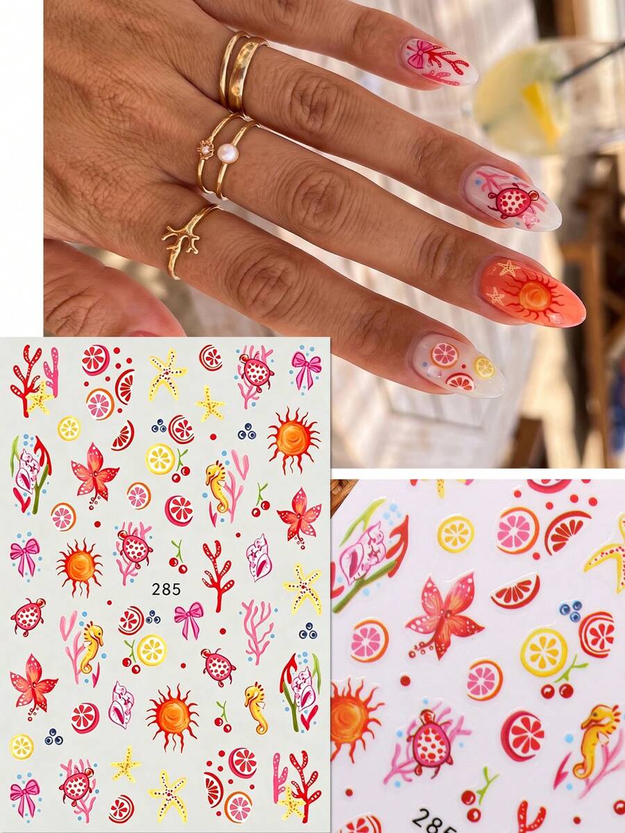 2pcs/Set Tropical Ocean Themed Colorful Seahorse & Turtle Nail Art Stickers - Summer Fruit & Coral Design Nail Decals - For Spring/Summer, Vacation, Pool Party, Music Festival DIY Nail Decoration