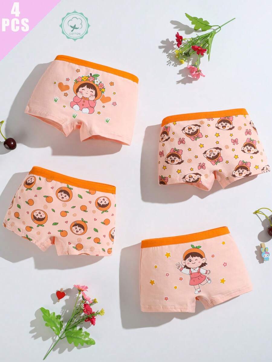 4pcs/Pack Girls' Soft Comfortable Cute Orange Pattern Briefs - Multicolor - View 1