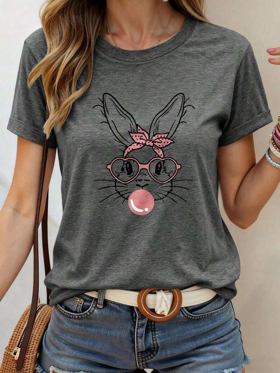 Blusa casual de cuello redondo con estampado floral, cómoda y adecuada para uso diario - Gris Oscuro - Ver 1