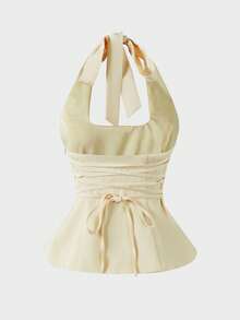 Solid Color Casual Romantic Summer Sexy Backless Halter Neck Tank Top Vacation Beach Home Casual Top For Woman, Yellow Top, Summer Holiday Outfits - Yellow - View 8
