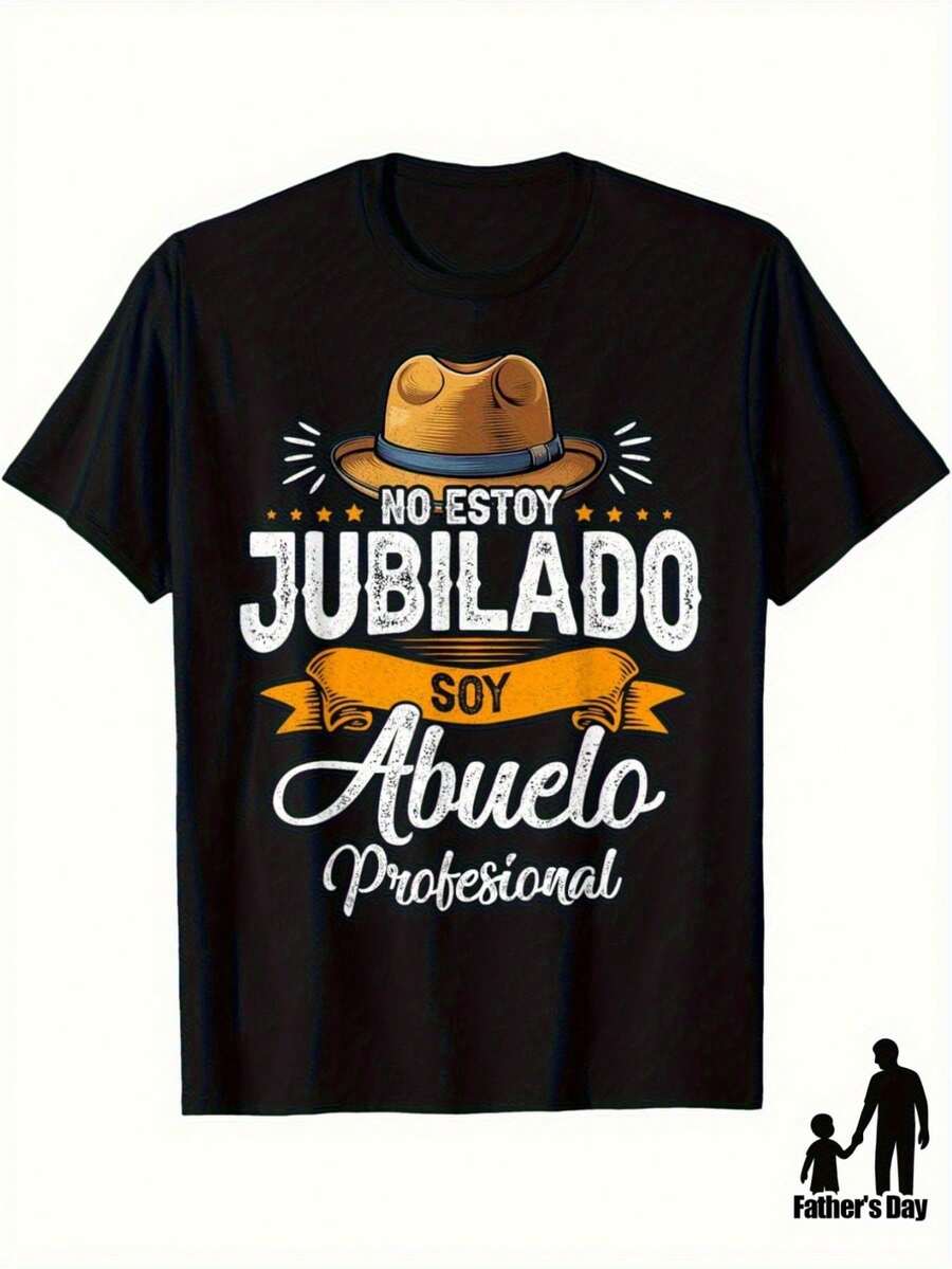 Funny Men's T-Shirt With The Spanish Phrase "I'm Not Retired, I'm A Professional Grandpa" - Graphic Design Of A Professional Grandpa With A Cowboy Hat And The Spanish Phrase, Casual Short-Sleeved, Loose-Fitting T-Shirt, Retirement Gift For Dads And Grandpas, Humorous Clothing For Grandpas. Loose And Comfortable For Summer. - Black - View 1