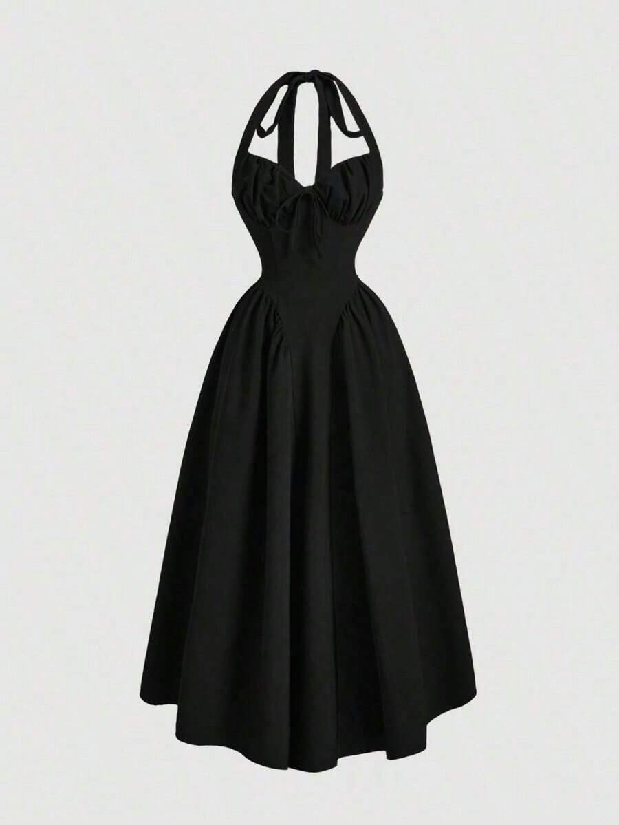 Vestido de mujer elegante y vintage con lunares, con adorno de encaje y espalda abierta, cuello halter.para volver al colegio, conciertos en el campo, homecoming, estilo bohemio, para maestras, vestidos de cumpleaños para mujeres, vestidos de invitada de boda, atuendos para brunch, vestido de lunares, vestido retro, vestido de los años 50, vestidos de lunares para mujeres - Negro 2 - Ver 1