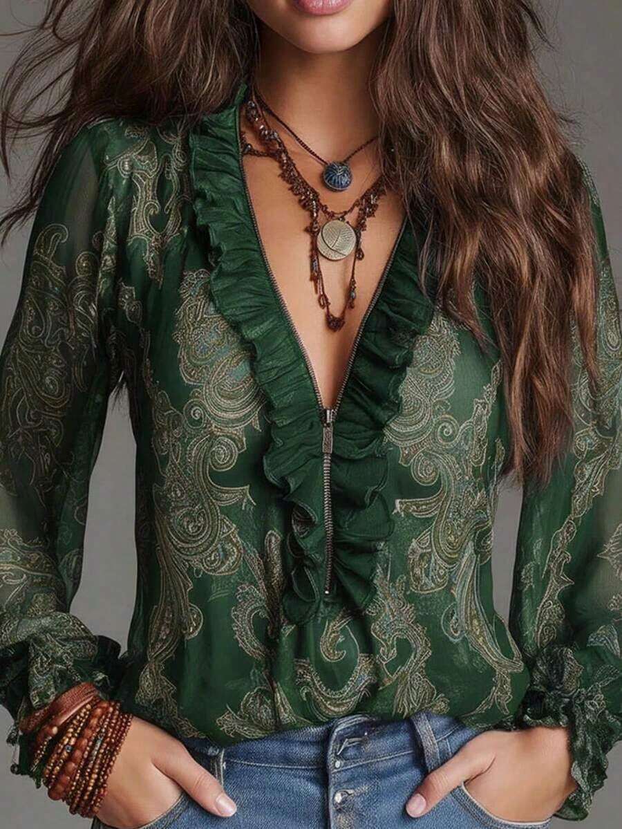 Blusa de gasa con cremallera, estampado de paisley barroco elegante y estilo vacacional, con volantes. Blusa de gasa transparente con estampado floral todo sobre todo para uso diario y vacaciones, primavera/verano - Verde Oscuro - Ver 1
