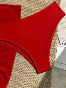 Conjunto de 3 piezas de traje de baño de bikini de unicolor y estilo sexy de halter para mujeres, conjunto de traje de baño, para vacaciones de verano en la playa - Rojo - Ver 3