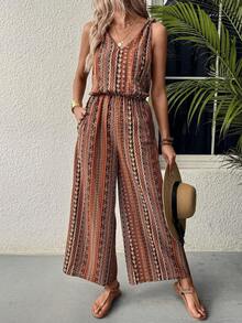 Mono con estampado de rayas para mujer, mameluco sin mangas con cintura elástica, traje pantalón informal de pierna ancha de verano - Amarillo claro - Ver 3