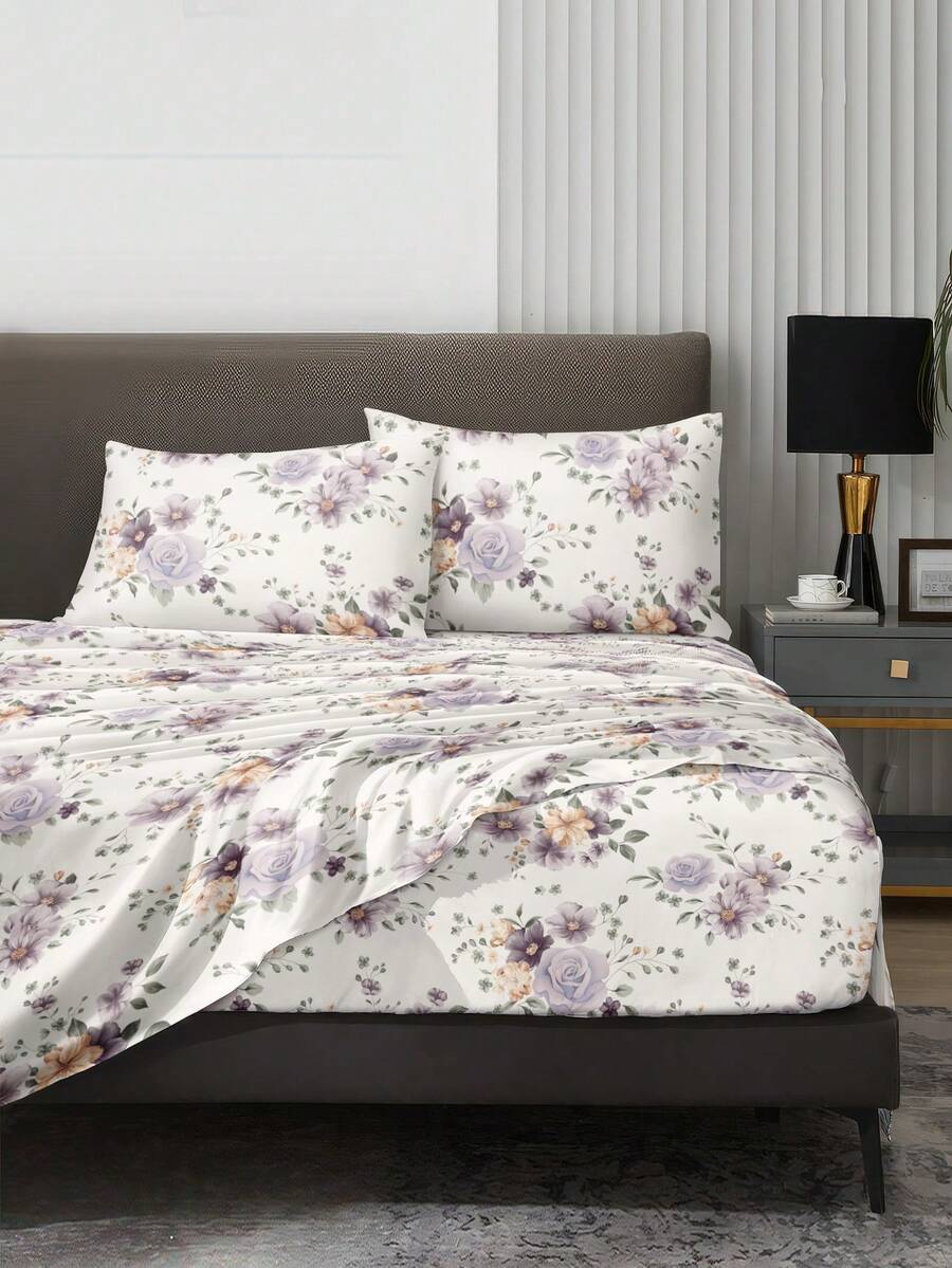 4-Piece Black Heart-Shaped Butterfly Floral Pattern Bedding Set, Includes 1 Fitted Sheet, 1 Flat Sheet And 2 Pillowcases (Pillow Inserts Not Included). Suitable For King, Queen, Full And Twin Size Beds, Fitted Sheet With Deep Pocket Design, Pillowcases Up To 11.8 Inches. Soft And Breathable, Wrinkle-Resistant - Multicolor - View 1