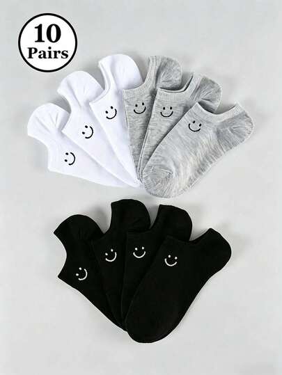 1/10 Pairs Women Solid Color Face Boat Socks, Fashion Casual Soft Breathable Moisture-Wicking, Suitable For Daily Wear