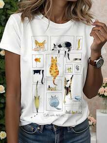 Minimalist. 1 Pack. 100% Cotton. Women's Short-Sleeved T-Shirt With Illustrations. | Many Cats In Funny Poses, Fresh Hand-Painted Style, Eye-Catching Item For Everyday Wear, Casual Crew Neck, Slightly Stretchy Fabric, Regular Length. Summer Crew Neck - White - View 1