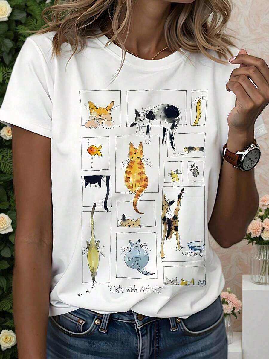 Minimalist. 1 Pack. 100% Cotton. Women's Short-Sleeved T-Shirt With Illustrations. | Many Cats In Funny Poses, Fresh Hand-Painted Style, Eye-Catching Item For Everyday Wear, Casual Crew Neck, Slightly Stretchy Fabric, Regular Length. Summer Crew Neck - White - View 1