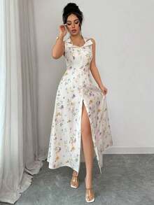 BNKK  Vestido de línea A con solapa, abierto por delante y cintura, con estampado floral diminuto, elegante para vacaciones, primavera/verano para mujer - Multicolor - Ver 2