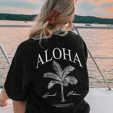 Women S New Palm Tree Slogan Print Casual Round Neck Short Sleeve T-Shirt, Fashionable Resort Style, Your Daily Essential. Graphic Tee, Women S Tops, Vacation - 黑色 - 查看 6