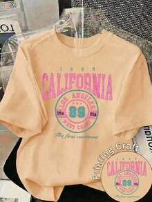 Nueva camiseta de manga corta con cuello redondo para mujeres, diseño estival, con un sencillo y moderno estampado de letras, transpirable y absorbe la sudoración. Envío exprés desde almacén local, modelo para parejas, ropa de pareja-Vintage Street Style Unisex Loose Cotton Short Sleeve Crew Neck T-Shirt - Albaricoque - Ver 2