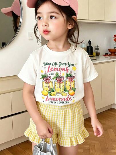 Bộ 2 món áo ngắn tay và quần short in hình chanh cho bé gái, chất liệu vải dệt kim mềm mại, thoải mái, thích hợp mặc ngoài trời, mùa xuân/hè.