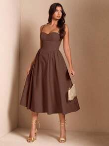 Elegante vestido largo sin mangas con manga abultada para mujer, adecuado para citas diarias, salidas, discotecas, fiestas, temporada de otoño - Marrón - Ver 8