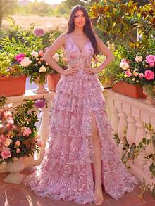 Faeriesty Đầm dự tiệc dài màu hồng thanh lịch không tay, cổ chữ V sâu, được trang trí bằng sequin lấp lánh, thích hợp cho đám cưới mùa xuân và các buổi tiệc ngoài trời trong kỳ nghỉ. - Hồng - Xem 1