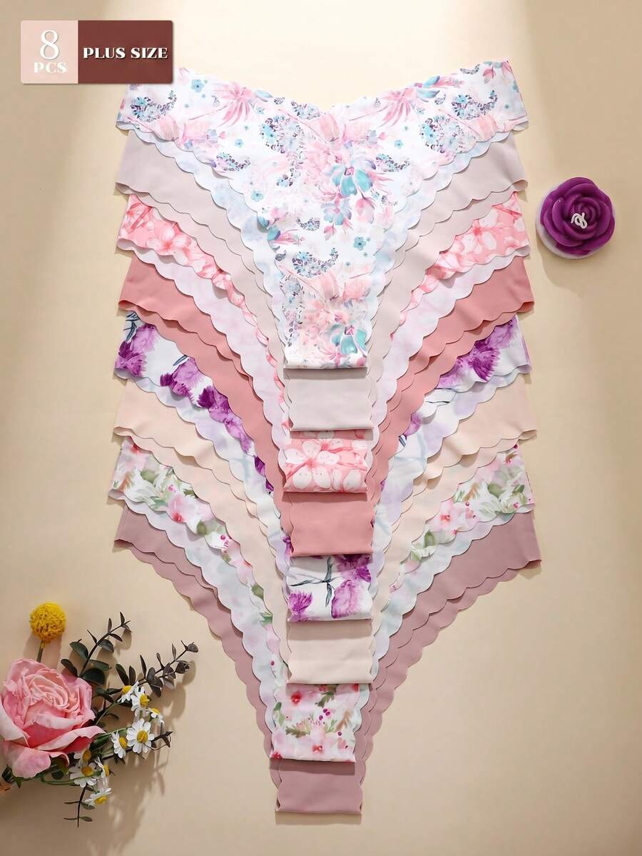 8pcs/Set Women's Seamless Printed & Solid Color Wavy Trim Comfortable Smooth Fabric Triangle Panties - Multicolor - View 1