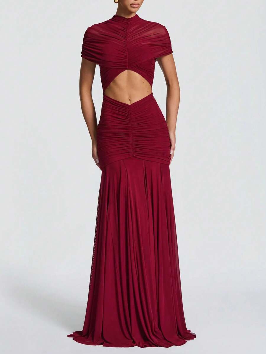 Solid Color Pleated Hollow Out Design Elegant Waist Fitted Bridesmaid Dress, Suitable For Weddings And Banquets
