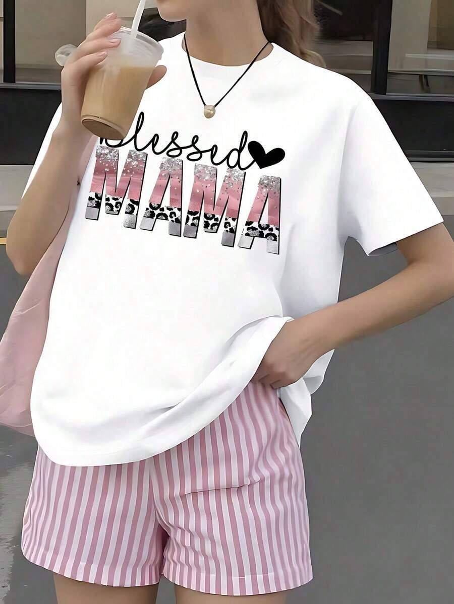Women's White T-Shirt With "MAMA" Print In Pink Glitter And Leopard, Fashionable Short-Sleeve Glamorous Style T-Shirt, Modern Top With A Sweet Aesthetic, Ideal Gift Blouse For Mother's Day - 黑色 - 查看 1