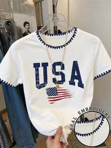 High-Quality  Women's Casual American Flag & Letter Print Contrast Trim Embroidered T-Shirt, Summer - trắng - Xem 1