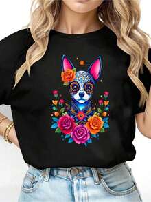 Women's T-Shirts Colorful Dog Sugar Skull Floral Art 100% Breathable. All Kinds Of Prints, Jacket, Round Neck T-Shirt, Casual, For Office, For Travel, Very Popular, Sporty Style, Print/Pattern, 100% Cotton T-Shirt, Casual T-Shirt, Comfortable, Soft, Breathable. The Latest Popular Bestseller - 黑色 - 查看 1