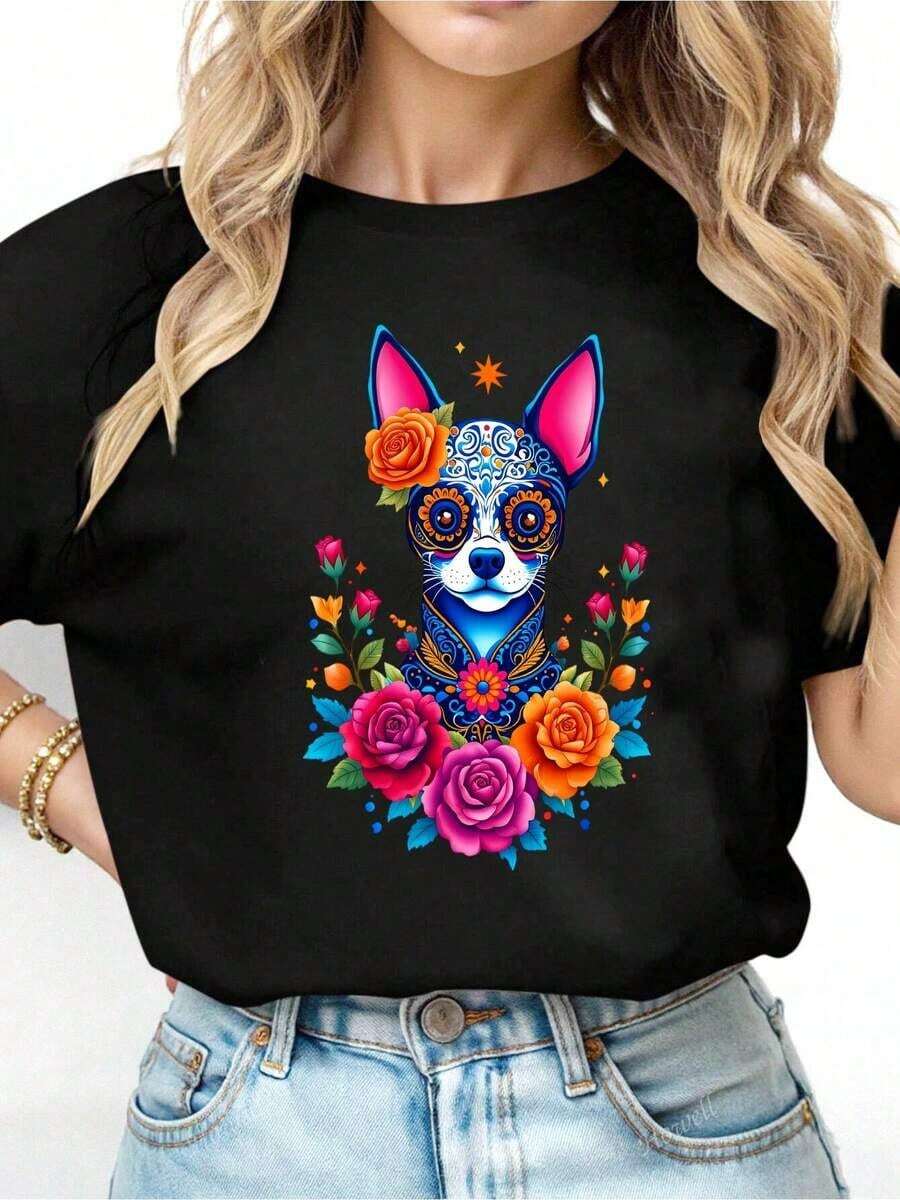 Women's T-Shirts Colorful Dog Sugar Skull Floral Art 100% Breathable. All Kinds Of Prints, Jacket, Round Neck T-Shirt, Casual, For Office, For Travel, Very Popular, Sporty Style, Print/Pattern, 100% Cotton T-Shirt, Casual T-Shirt, Comfortable, Soft, Breathable. The Latest Popular Bestseller - 黑色 - 查看 1