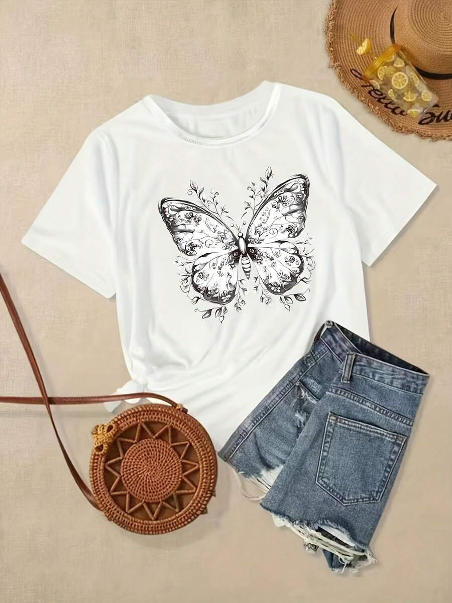 Camiseta de mujer con estampado de mariposas, camiseta de moda para mujer de talla grande. - Blanco - Ver 1
