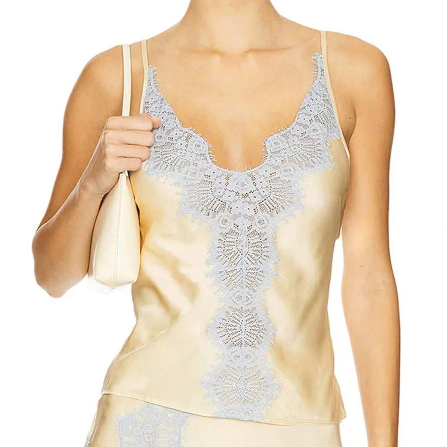 Conjunto de dos piezas ajustado de retazos de encaje para mujer, Top Sexy con cuello en V y falda larga, traje de verano sin mangas calado a la moda - 01 Superior - Ver 1