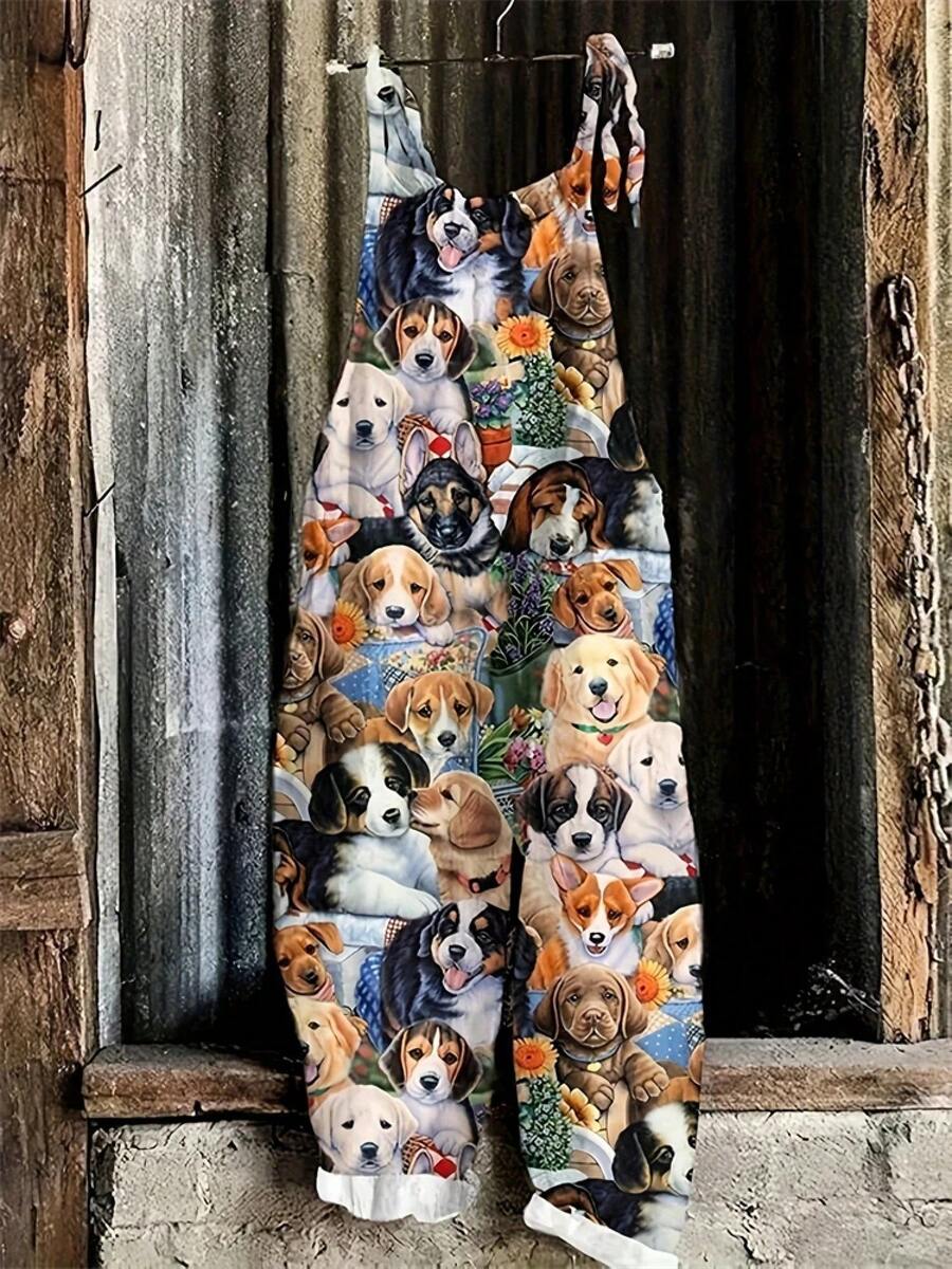 Nuevo mono de verano para mujer con estampado de perro de dibujos animados, mono informal bonito a la moda, mono con cordones para viajes al aire libre para padres e hijos - A2TPTX257199271 - Ver 1