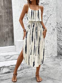 Vestido de verano con tirantes finos para mujer con cinturón y abertura lateral - Vestido fluido informal sin mangas - BLANCO - Ver 5