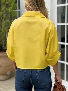 Casual Solid Color Woven Fabric Twist Button Shirt, Suitable For Summer Daily Wear - Yellow - View 2
