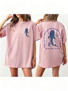 Women Loose Fit Round Neck Whale Slogan Contrast Color Graphic T-ShirtPrinted Round Neck Short Sleeve Women's Tee - Daily Casual, Sports & Fitness, Al - 粉色 - 查看 9