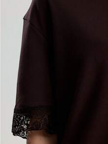 RoseArya %100 Cotton Lare Trim Cuff Short Sleeve T-Shirt - Brown - View 6