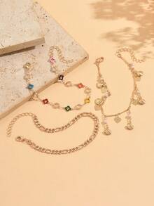 3pcs/Set Vacation Ocean Style Shell, Heart, Tassel, Clover Chain Anklet Combination, Versatile Alloy Shell Decor Women Foot Jewelry, Suitable For Daily, Beach, Party, Travel Wear. Handmade Chain Length Can Be Customized, Assorted Colors - Multicolor - View 3