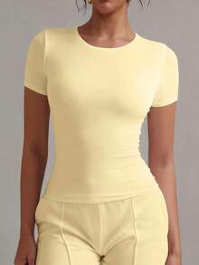 de manga corta y cuello redondo, blanca y sólida, ajustada y deportiva, para mujer, verano, modelo 2025 - Amarillo - Ver 3
