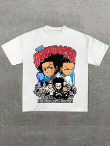 Camiseta Negra de Talla Grande para Hombre con Estampado de Personajes de "THE BOONDOCKS", Camiseta Casual de Manga Corta, Suave, de Algodón Puro de 220g, con Diseño Estampado - Blanco - Ver 1