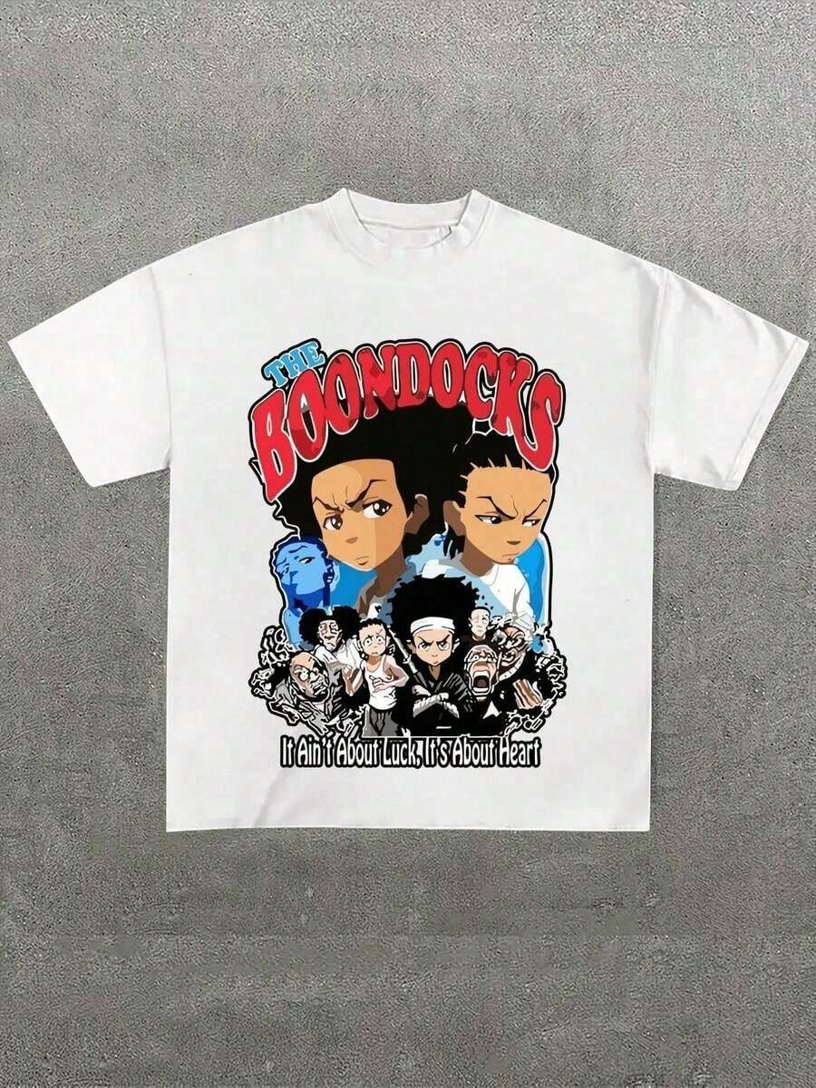 Camiseta Negra de Talla Grande para Hombre con Estampado de Personajes de "THE BOONDOCKS", Camiseta Casual de Manga Corta, Suave, de Algodón Puro de 220g, con Diseño Estampado - Blanco - Ver 1
