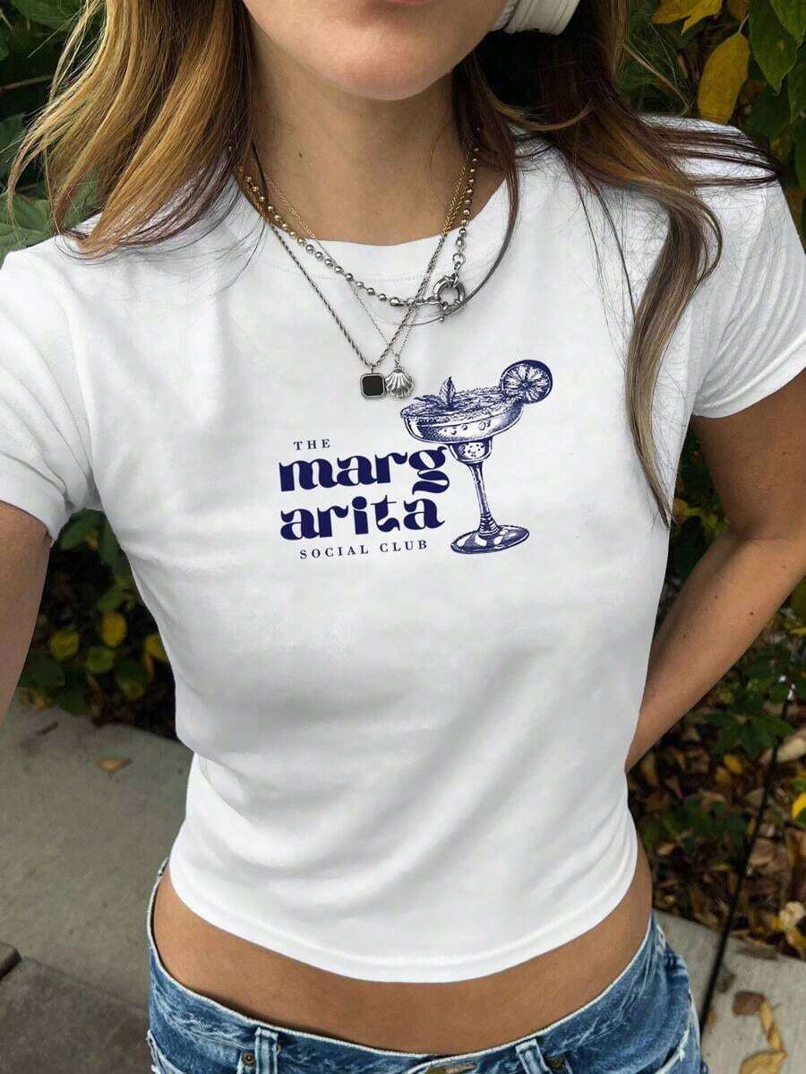 Camiseta corta de mujer estilo Y2K con gráfico de "THE Marg Arita SOCIAL CLUB" para el verano - Blanco 5 - Ver 1