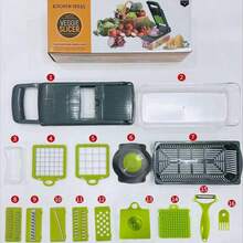 Máy thái rau củ 16 trong 1 kèm hộp đựng - Dụng cụ nhà bếp đa năng thái hành, trái cây và rau củ, chất liệu nhựa bền, có khóa cài, thiết kế nhỏ gọn, lưỡi dao dễ vệ sinh, dùng để chuẩn bị, thái lát, bào sợi, cắt và xắt hạt lựu rau củ, dụng cụ nhà bếp đơn giản, dễ vệ sinh. - Gris - Xem 12